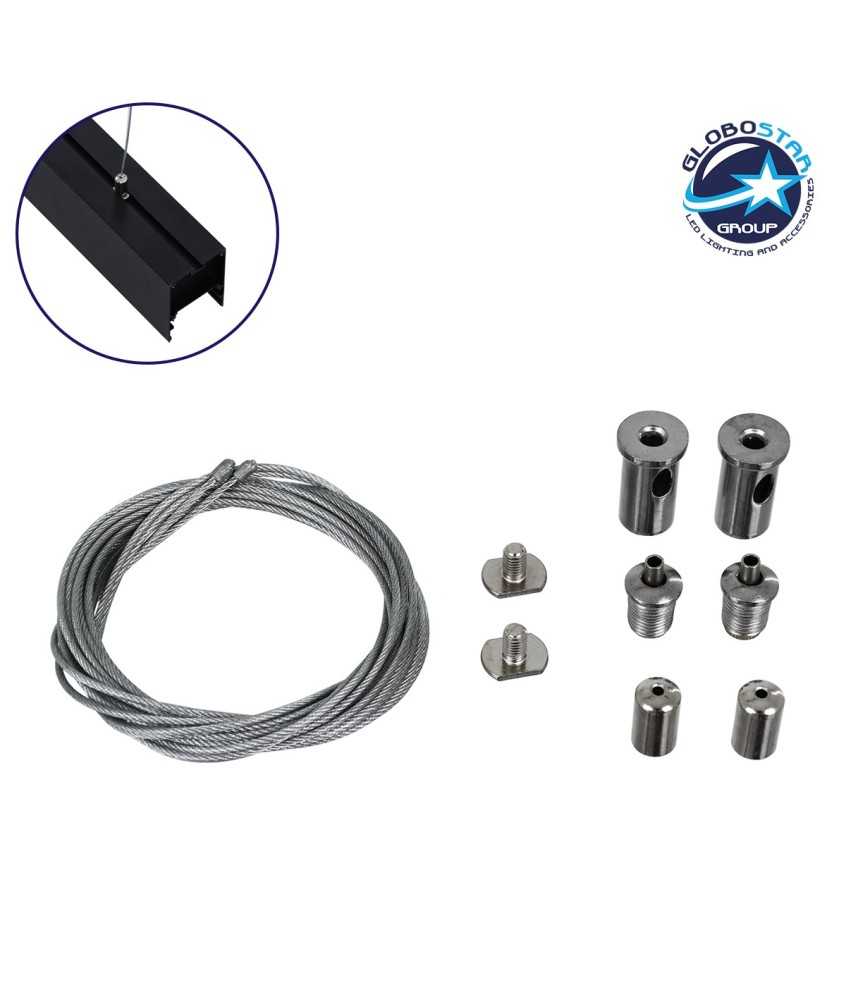 GloboStar® PROFILE-PART 70899 Σετ Κρέμασης για Προφίλ Αλουμινίου - Κρεμαστή Χρήση - Ασημί - 2 Ντίζες των 2 Μέτρων - Μ200cm